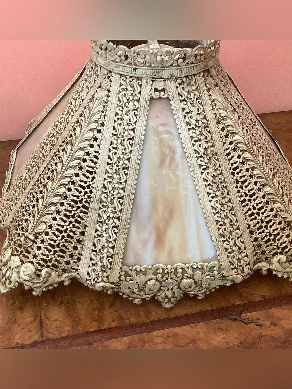 Vintage Italian 4-Light Candelabra Table Lamp Filigree Shade Carrara Marble 28”